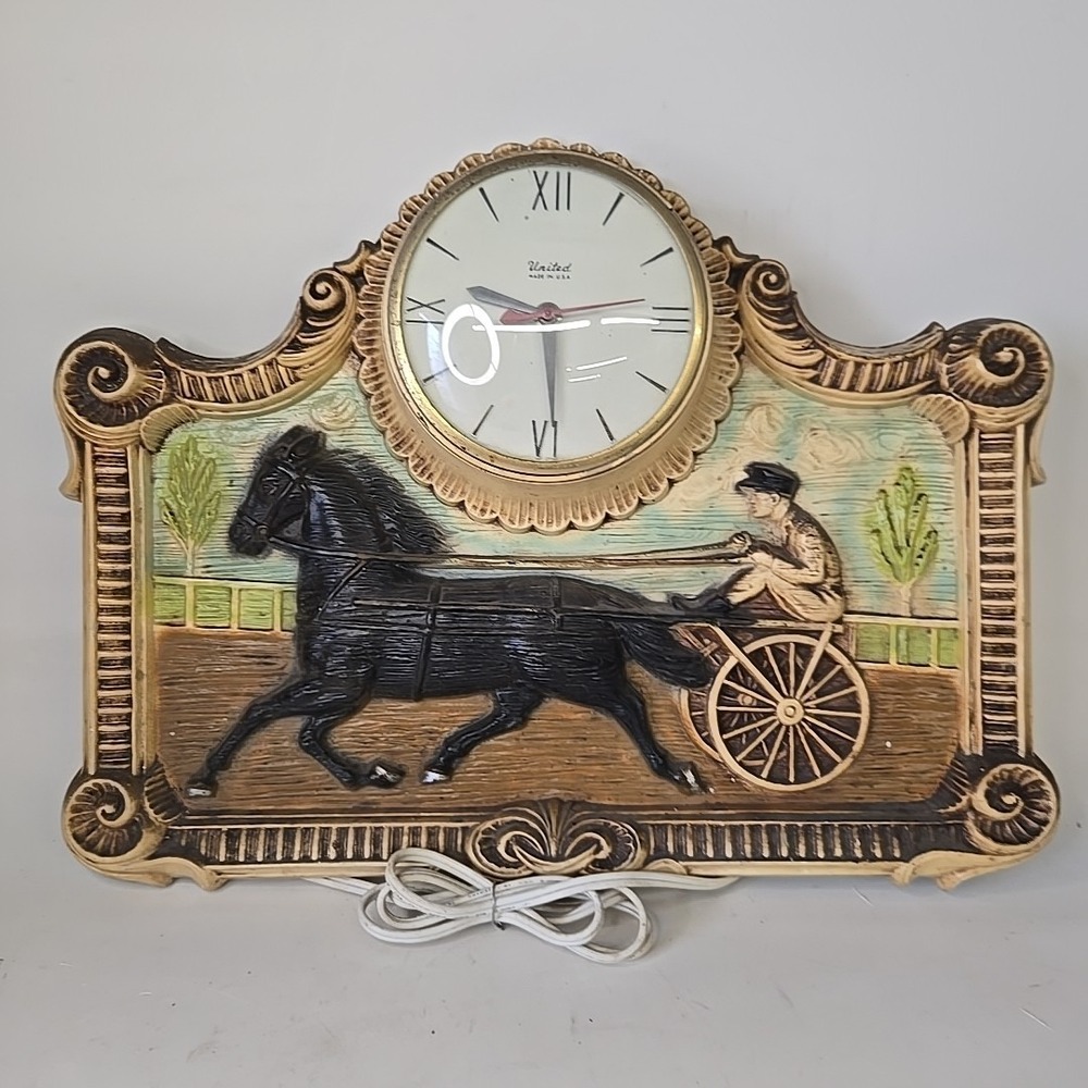 Vintage Wall Clock Horse & Sulky Race Carriage Ornate Gold Frame Working Quartz